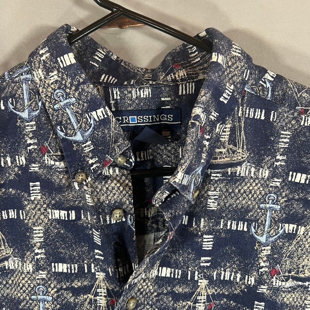 Vintage Nautical Short Sleeve Button Down Men's XL Boats Ships Anchors Cotton